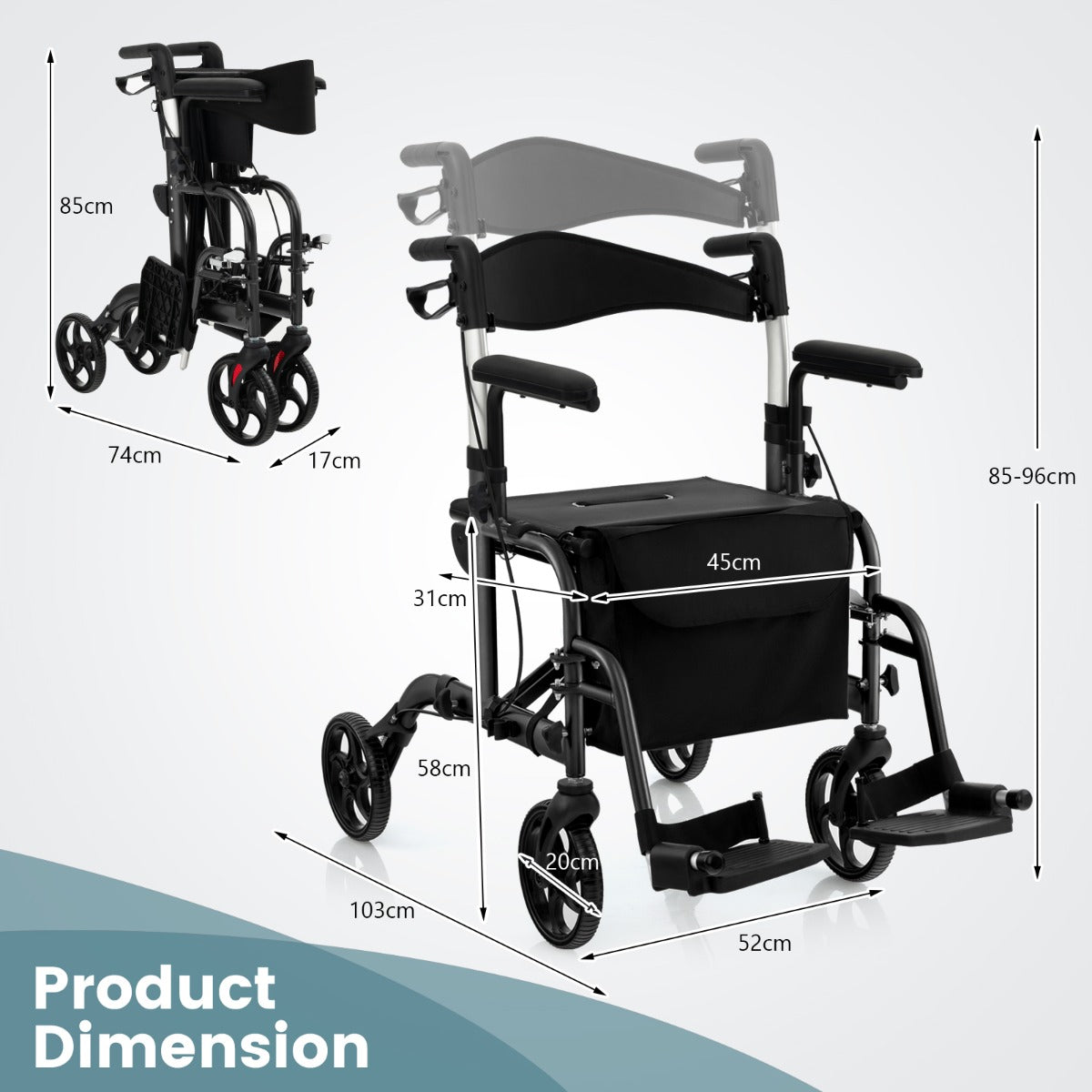 Livsk costway 2 in 1 rolstoel reisrollator met tas dubbele remmen stokhouder rollator zwart 1 1