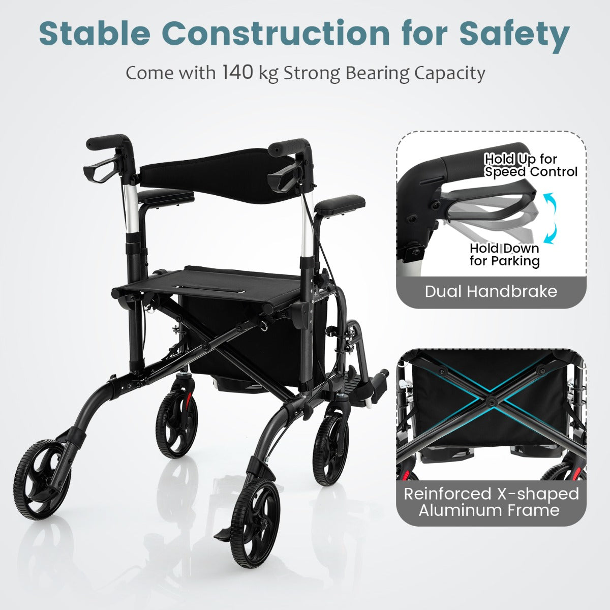 Livsk costway 2 in 1 rolstoel reisrollator met tas dubbele remmen stokhouder rollator zwart 2