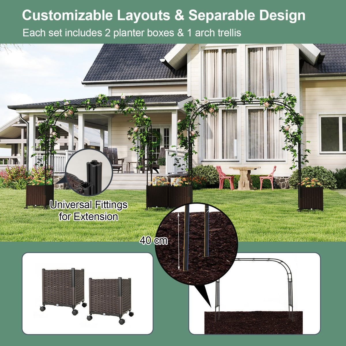 LIVSK Outdoorboog met Plantenbakken - Zelfbewateringssysteem - Hittebestendig en Roestwerend - 288 x 40 x 202 cm - Zwart/Bruin