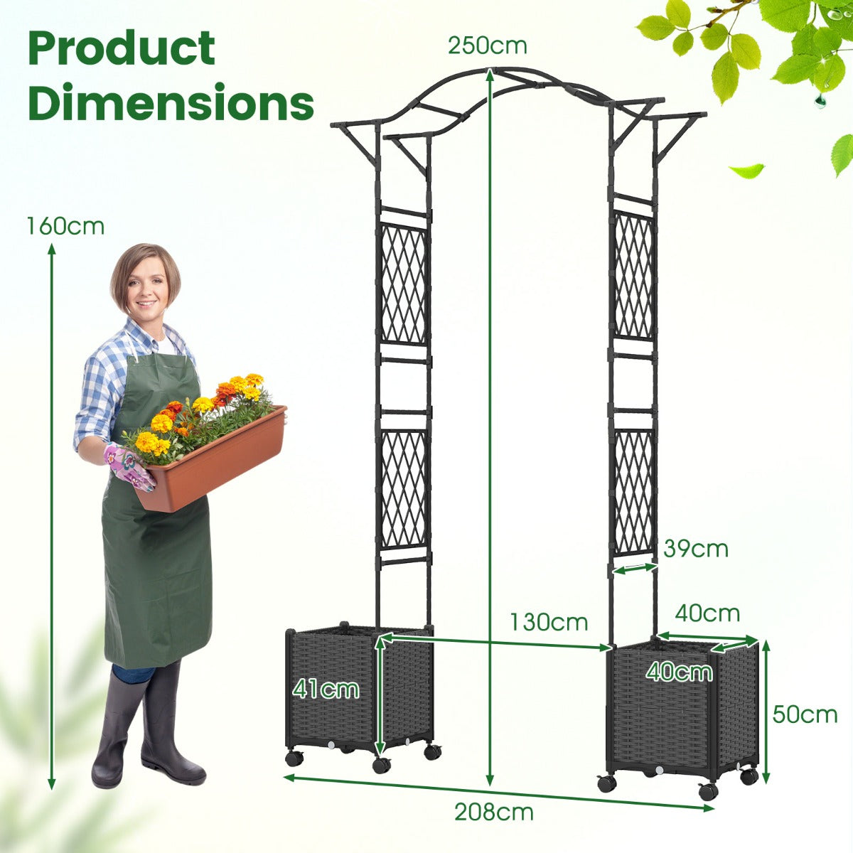 LIVSK 2-in-1 Tuinboog met Plantenbakken - Zelfbewateringssysteem - Stabiele Constructie - 208 x 40 x 250 cm - Grijs