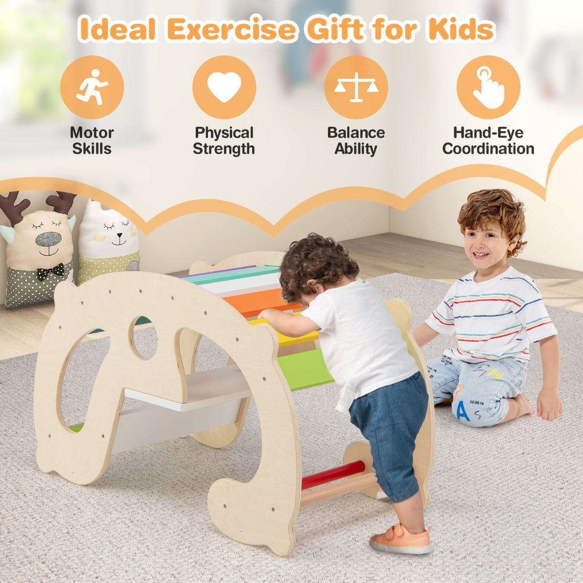 LIVSK 2-in-1 Schommelpaard en Klimboog - Veilig Speelgoed - Beukenhout - Stimuleert Evenwicht en Motoriek - Tot 50 kg -