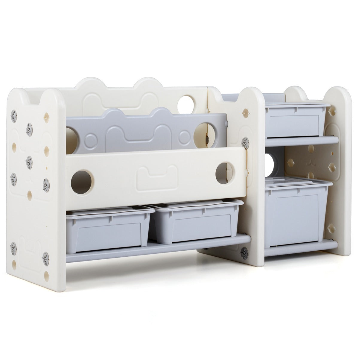 Livsk costway 2 in 1 speelgoedrek voor kinderen met boekenplank voorzien van 4 opbergdozen en 3 planken 1