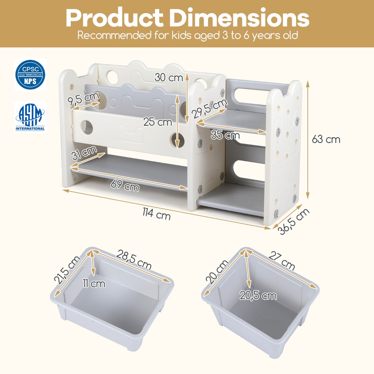 Livsk costway 2 in 1 speelgoedrek voor kinderen met boekenplank voorzien van 4 opbergdozen en 3 planken
