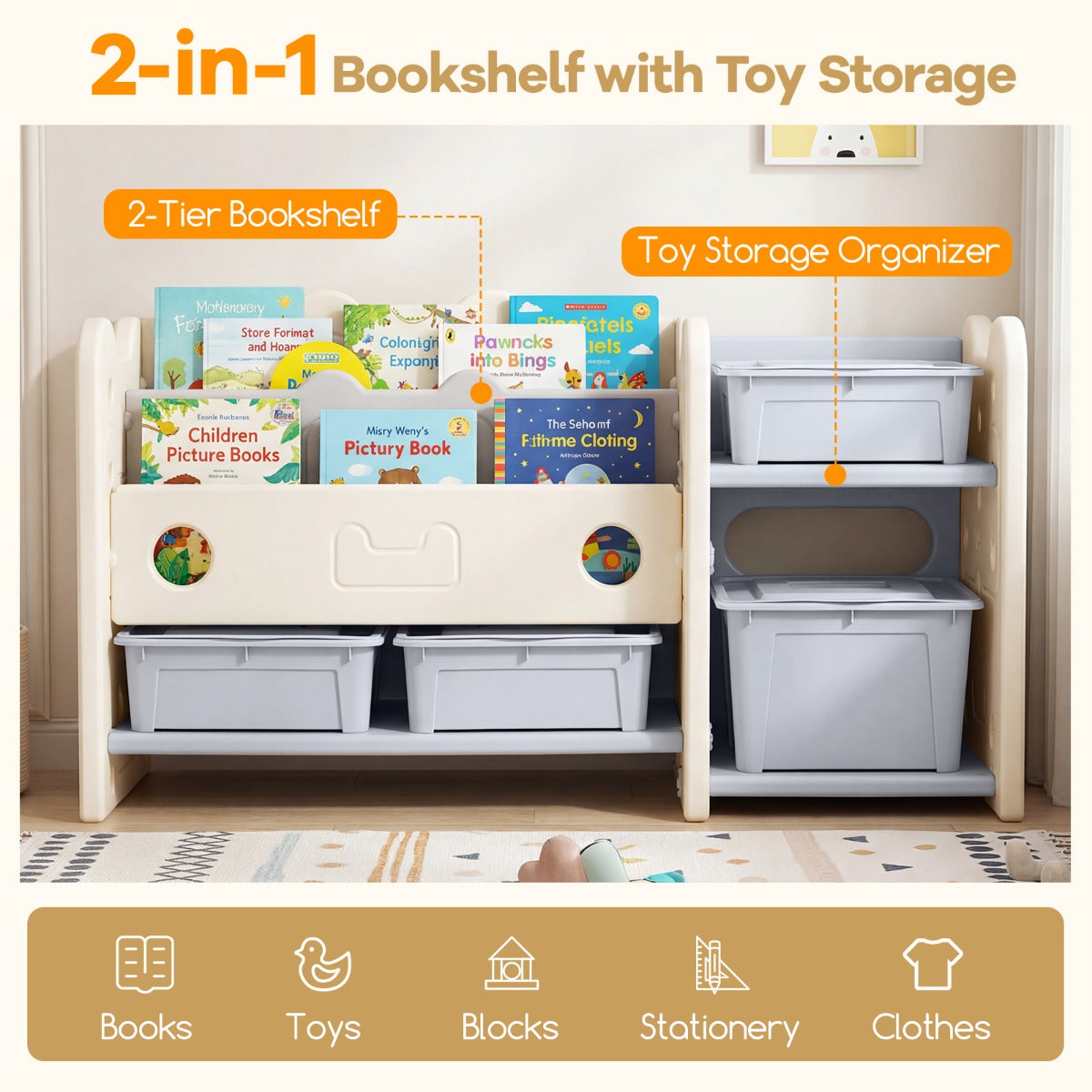 Livsk costway 2 in 1 speelgoedrek voor kinderen met boekenplank voorzien van 4 opbergdozen en 3 planken