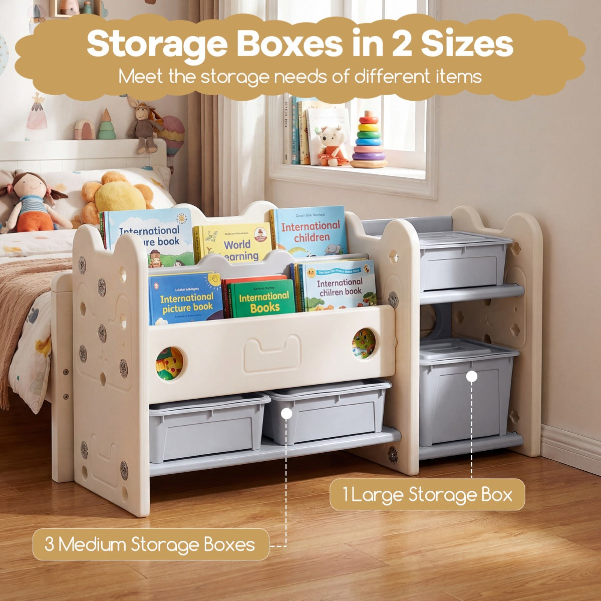 Livsk costway 2 in 1 speelgoedrek voor kinderen met boekenplank voorzien van 4 opbergdozen en 3 planken