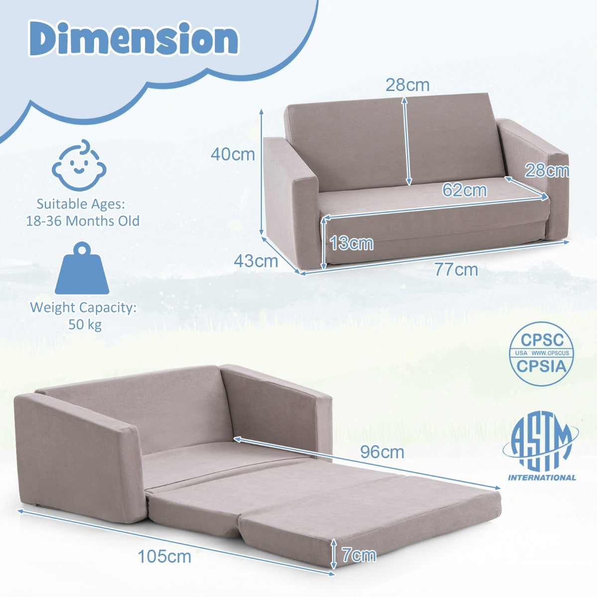 LIVSK 2-in-1 Kinderslaapbank - Afneembare Wasbare Hoes - Ergonomisch en Lichtgewicht - Tot 50 kg - Grijs
