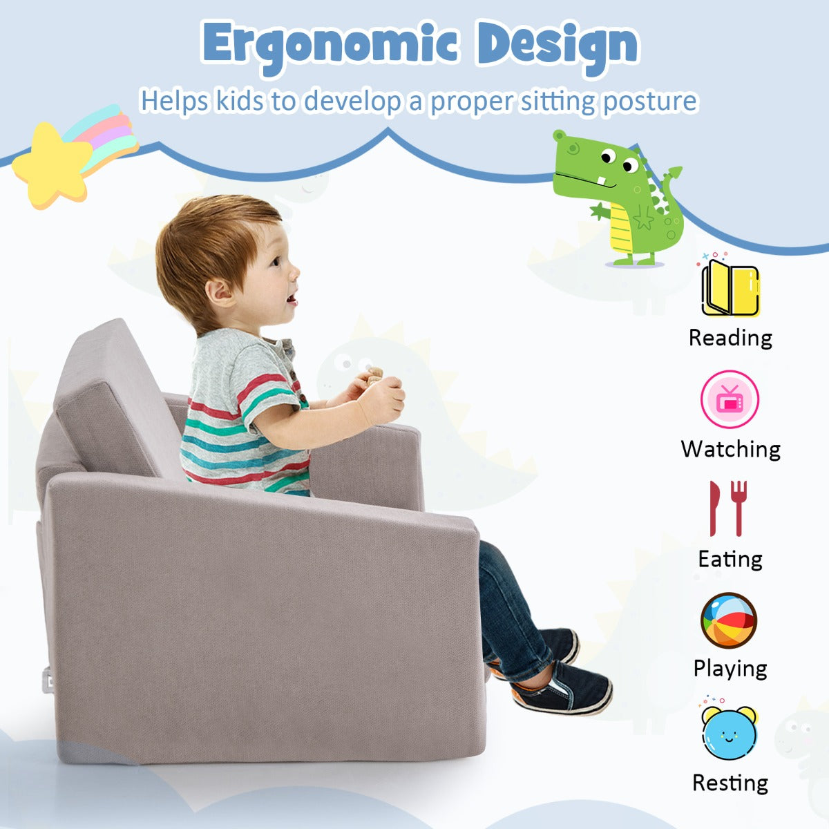 LIVSK 2-in-1 Kinderslaapbank - Afneembare Wasbare Hoes - Ergonomisch en Lichtgewicht - Tot 50 kg - Grijs