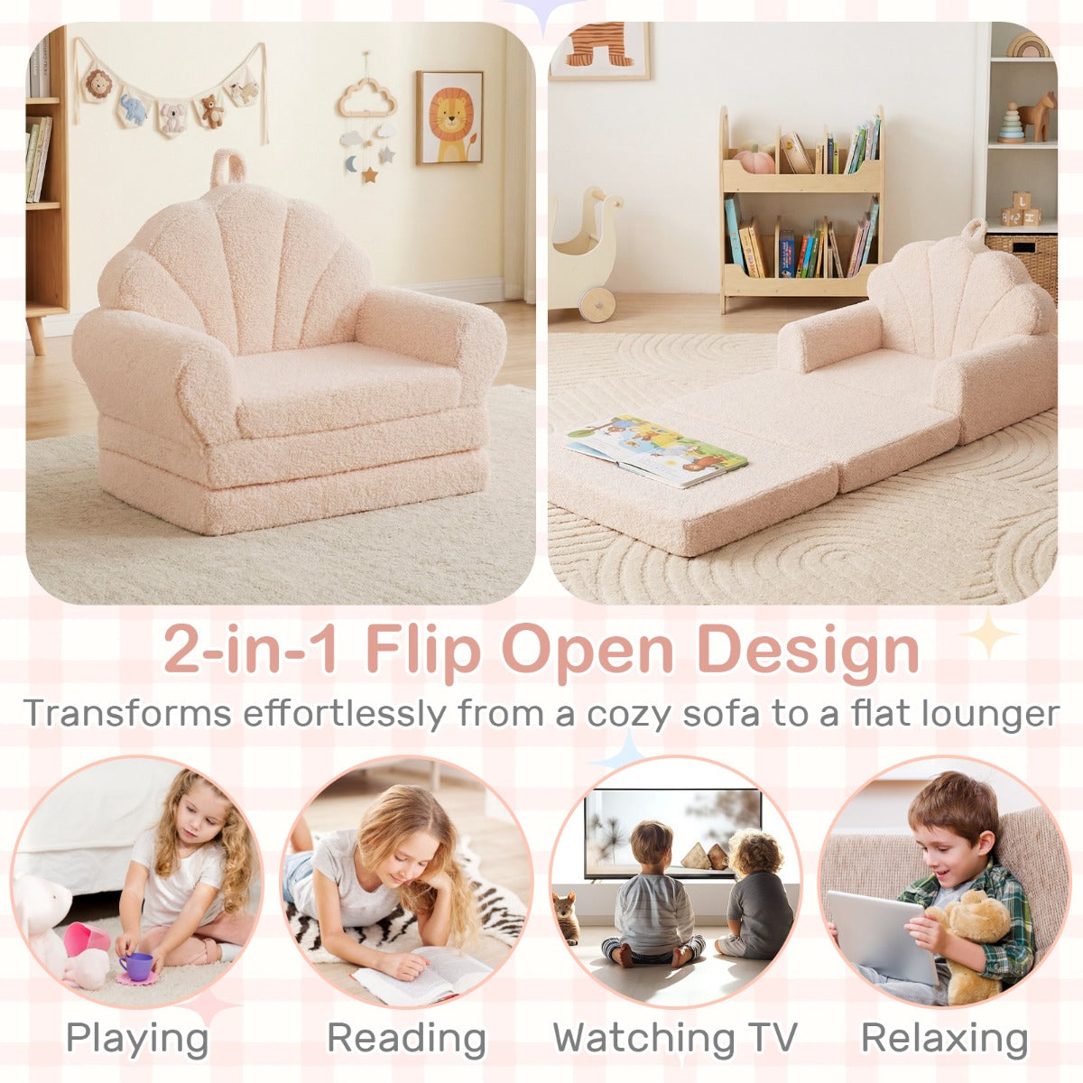 Livsk costway 2 in 1 uitklapbare kinderbank kinderfauteuil met slaapfunctie kinderbank voor jongens en meisjes vanaf 3 jaar beige
