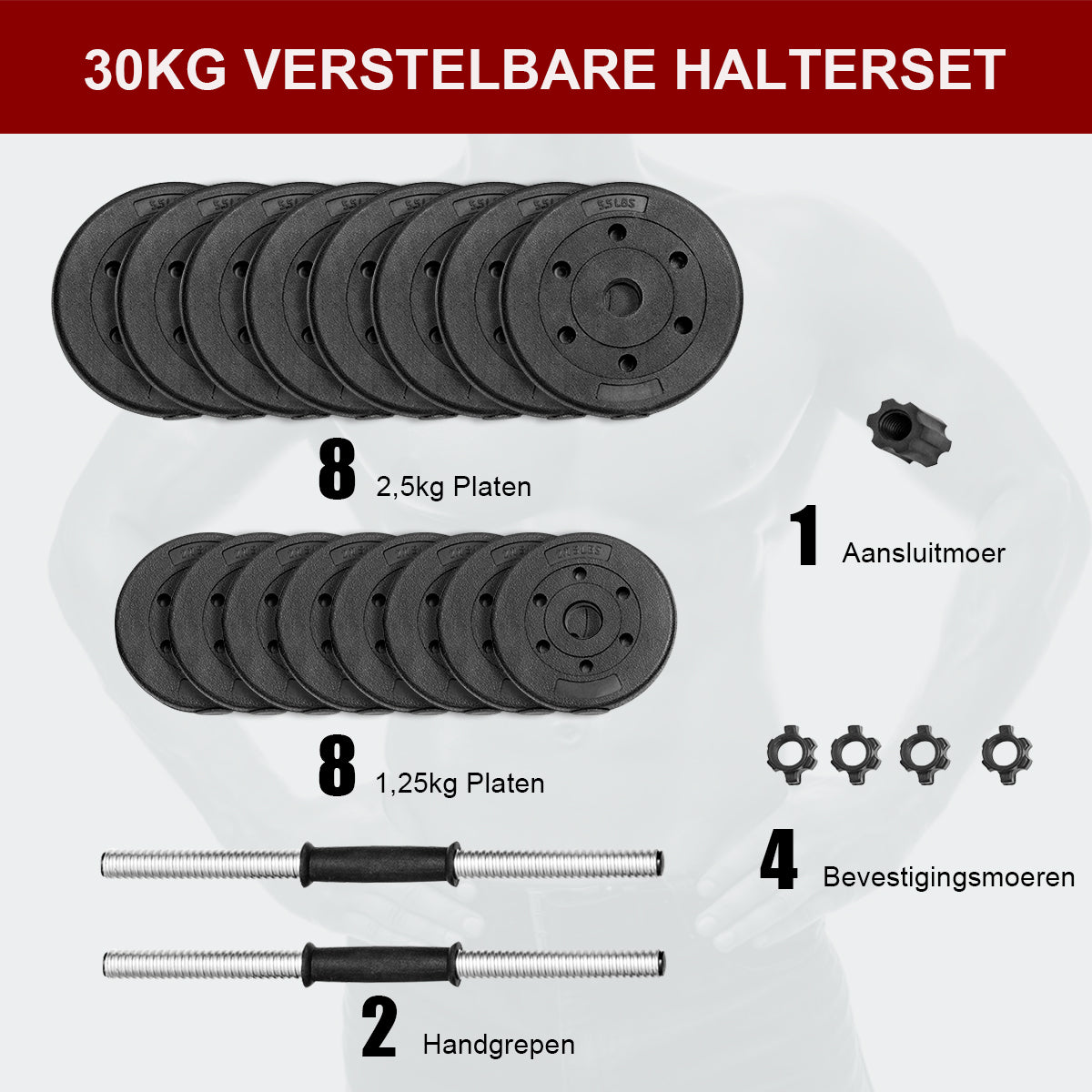LIVSK Verstelbare Halterset - 2-in-1 Halter en Barbell - Max 30 kg - Antislip Handvat - Duurzaam - Compact - Zwart