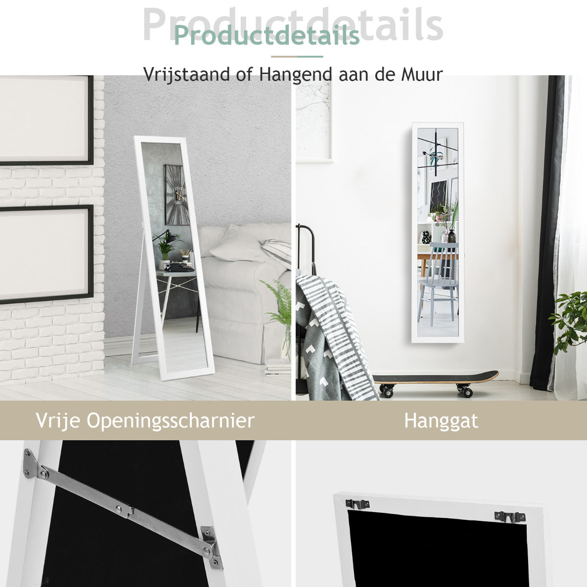 LIVSK Wandspiegel - Volledig Aankleden - MDF Frame - Explosieveilig - Vrijstaand, Hangend of Leunend - 37 x 50 x 148 cm - Wit
