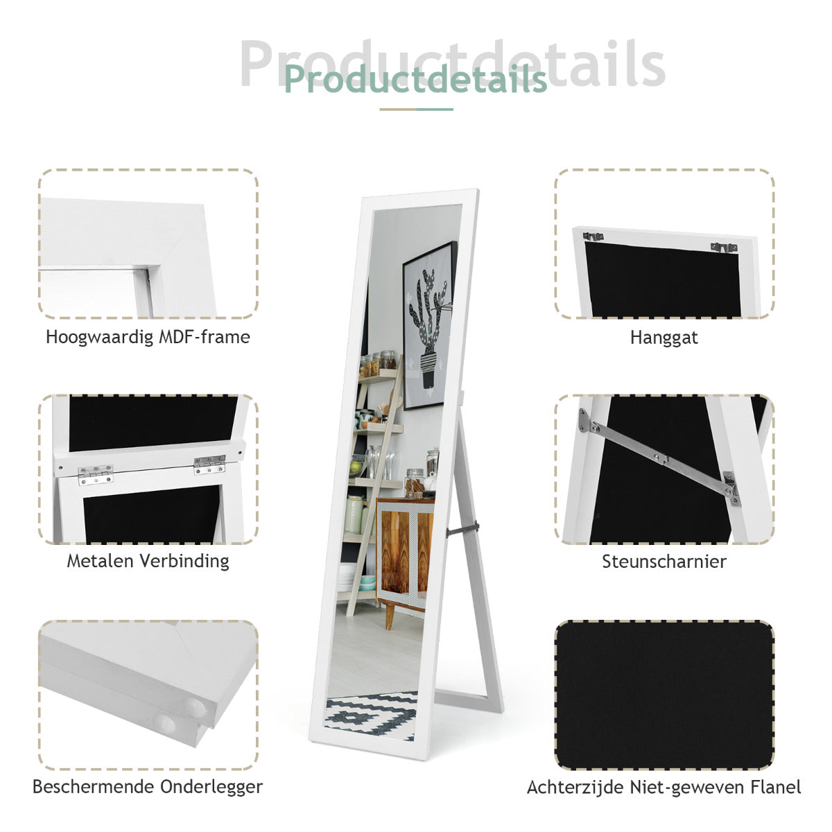 LIVSK Wandspiegel - Volledig Aankleden - MDF Frame - Explosieveilig - Vrijstaand, Hangend of Leunend - 37 x 50 x 148 cm - Wit