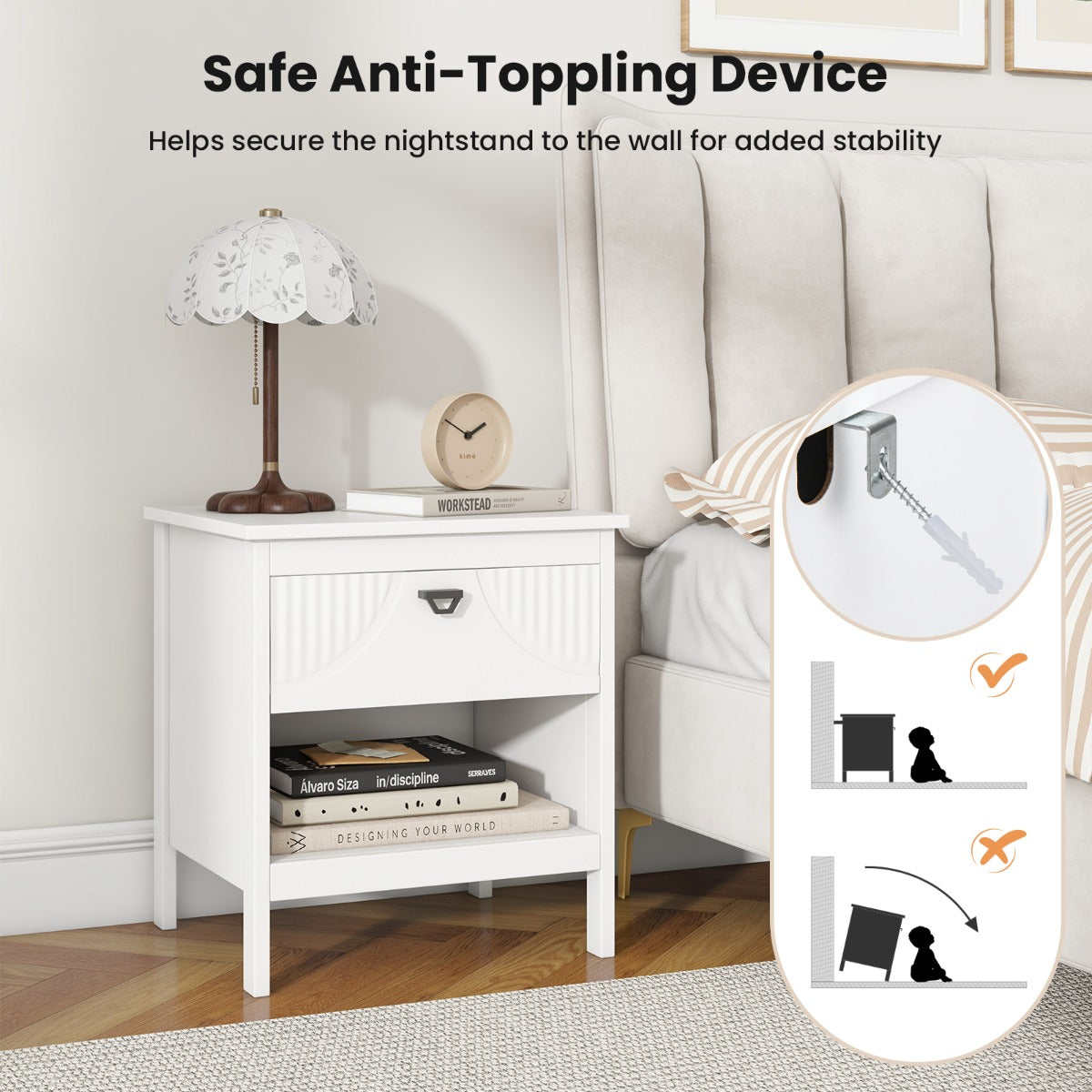 LIVSK Bijzettafel met Opbergplank en Lade - Modern en Elegant - Antislip en Anti-kantel - Compact voor Kleine Ruimtes - Wit