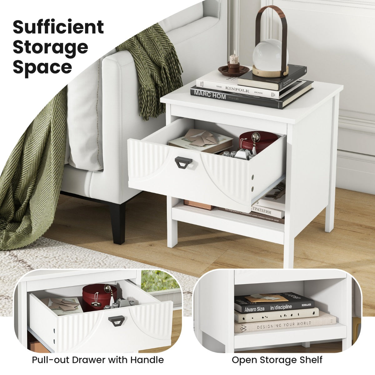 LIVSK Bijzettafel met Opbergplank en Lade - Modern en Elegant - Antislip en Anti-kantel - Compact voor Kleine Ruimtes - Wit