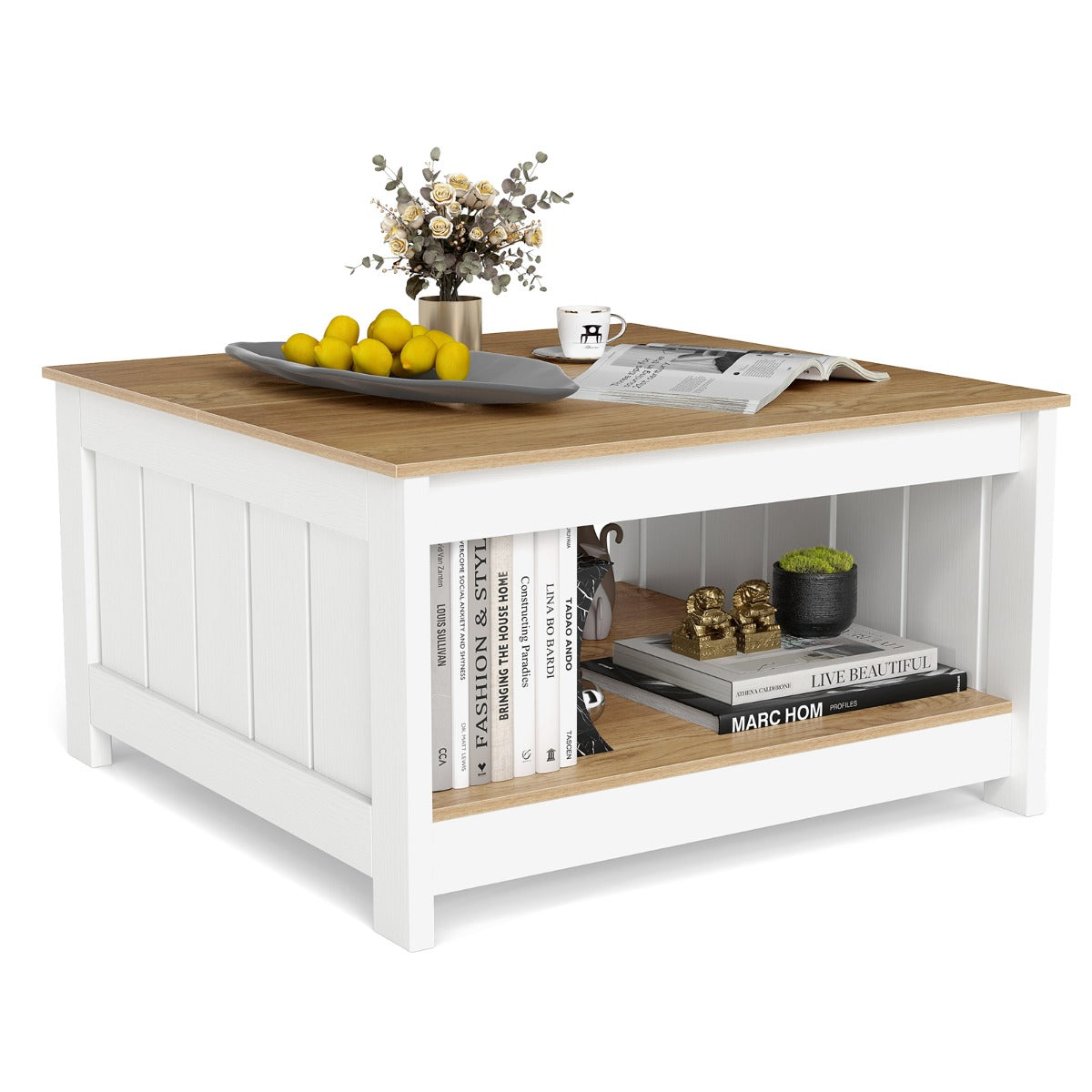 LIVSK Salontafel - 2-laagse Opbergruimte - Robuuste Constructie - Rustieke Houtnerf - Draagvermogen 160 kg - Naturel & Wit