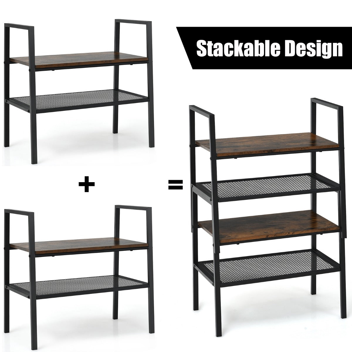 LIVSK Bijzettafel - Stabiele Houten & Stalen Constructie - 2 Lagen - Compact & Stapelbaar - Industriële Stijl - Bruin/Zwart