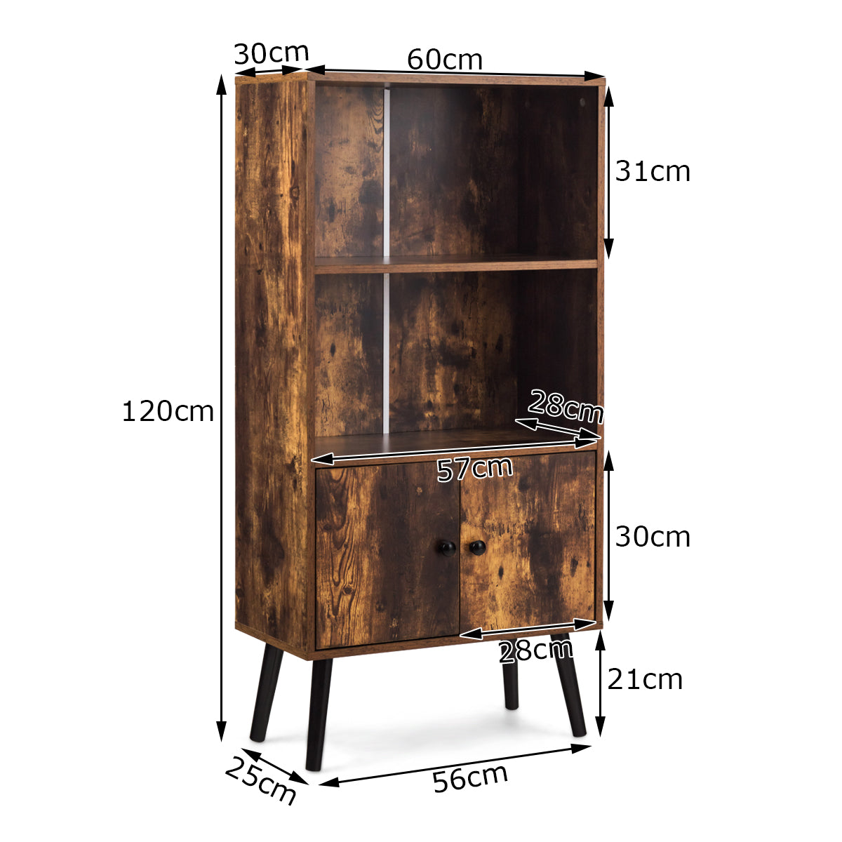 LIVSK Boekenplank met 2 Open Planken en Verborgen Compartiment - Stevig en Duurzaam - Vintage Stijl - 60 x 30 x 120 cm - Zoals