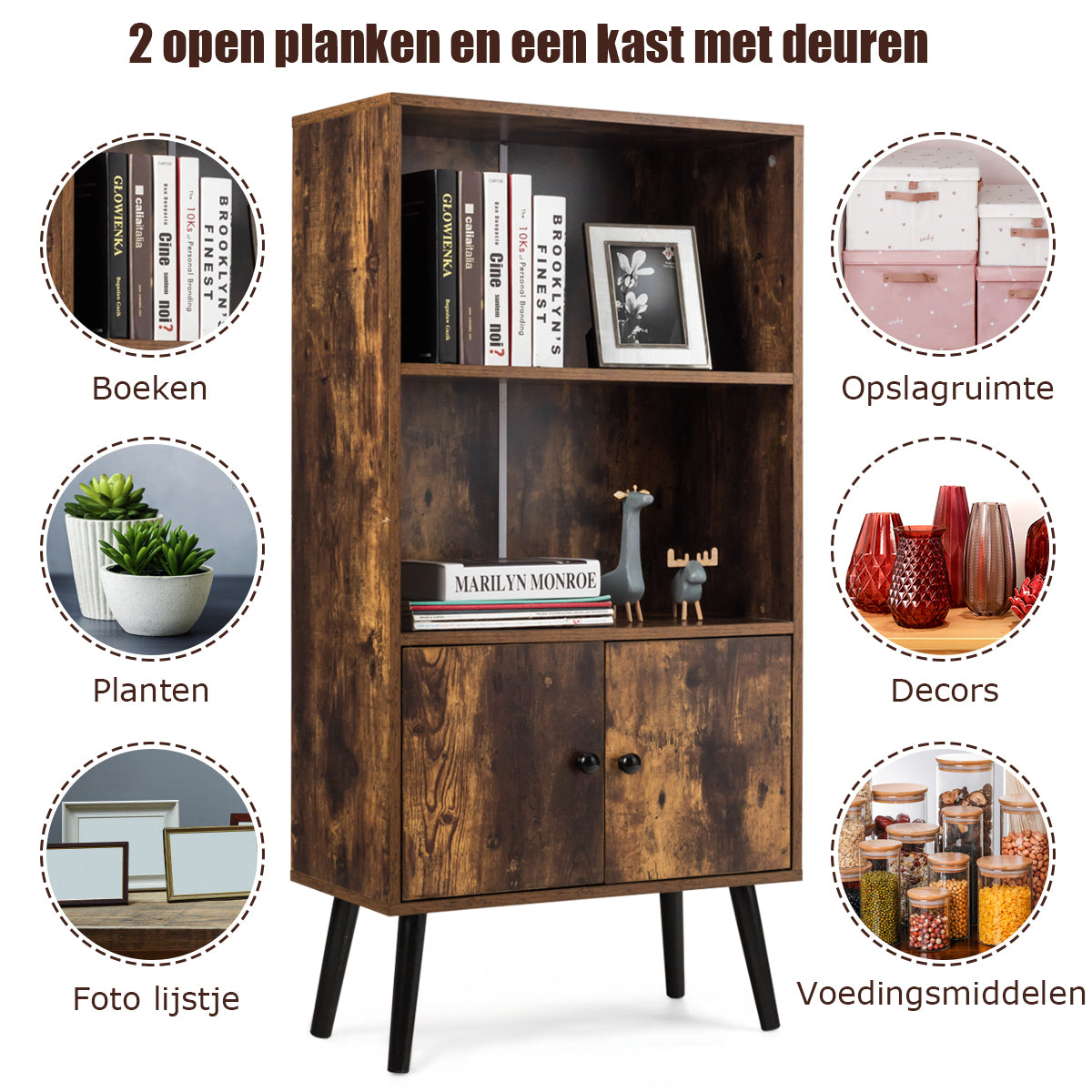 LIVSK Boekenplank met 2 Open Planken en Verborgen Compartiment - Stevig en Duurzaam - Vintage Stijl - 60 x 30 x 120 cm - Zoals