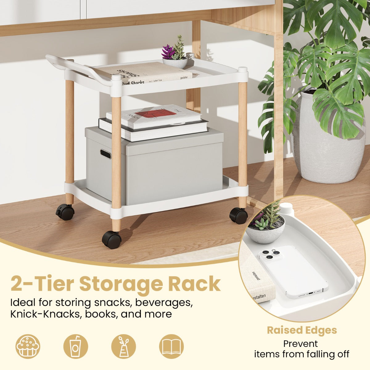 LIVSK Multifunctionele Trolley - 2 Open Schappen - Hoogwaardig PP en Beukenhout - Eenvoudig Verplaatsbaar - 52,5 x 33,5 x 50 cm -