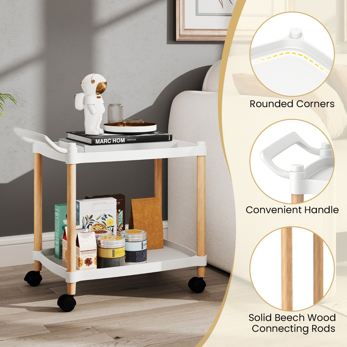 LIVSK Multifunctionele Trolley - 2 Open Schappen - Hoogwaardig PP en Beukenhout - Eenvoudig Verplaatsbaar - 52,5 x 33,5 x 50 cm -