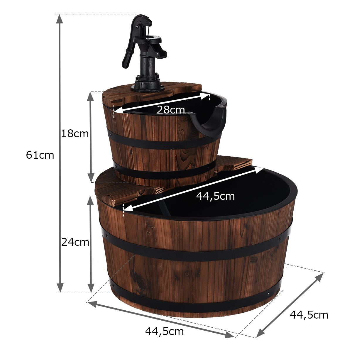 LIVSK Trapsgewijze Houten Fontein met Handpomp - Rustiek Design - Duurzaam Sparrenhout - Eenvoudig Op te Zetten - 44,5 x 44,5 x