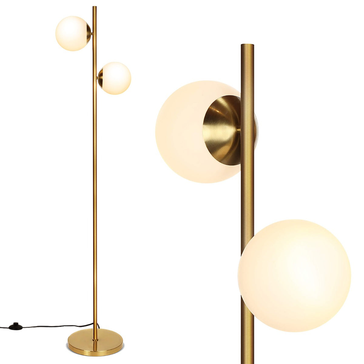 LIVSK bolvormige vloerlamp - Elegante gouden staaf met melkglazen bollen - Warm licht - Voetschakelaar - 165 cm - Goud