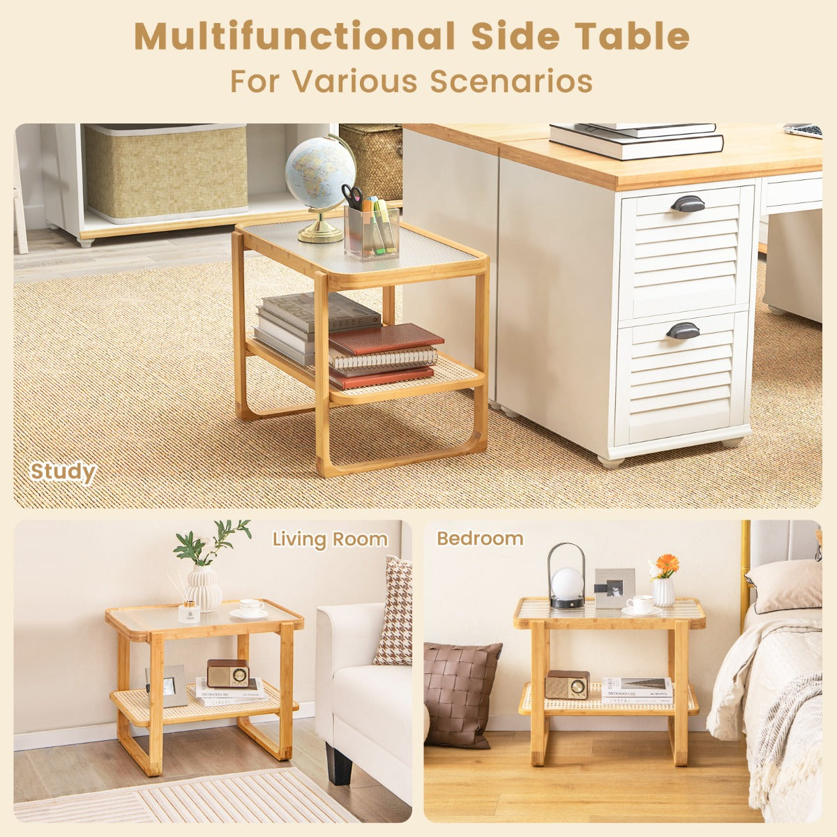LIVSK Bamboe Bijzettafel - Glazen Blad - Rotan Opbergplank - Multifunctioneel - Waterdicht - Stabiel - Natuurlijk