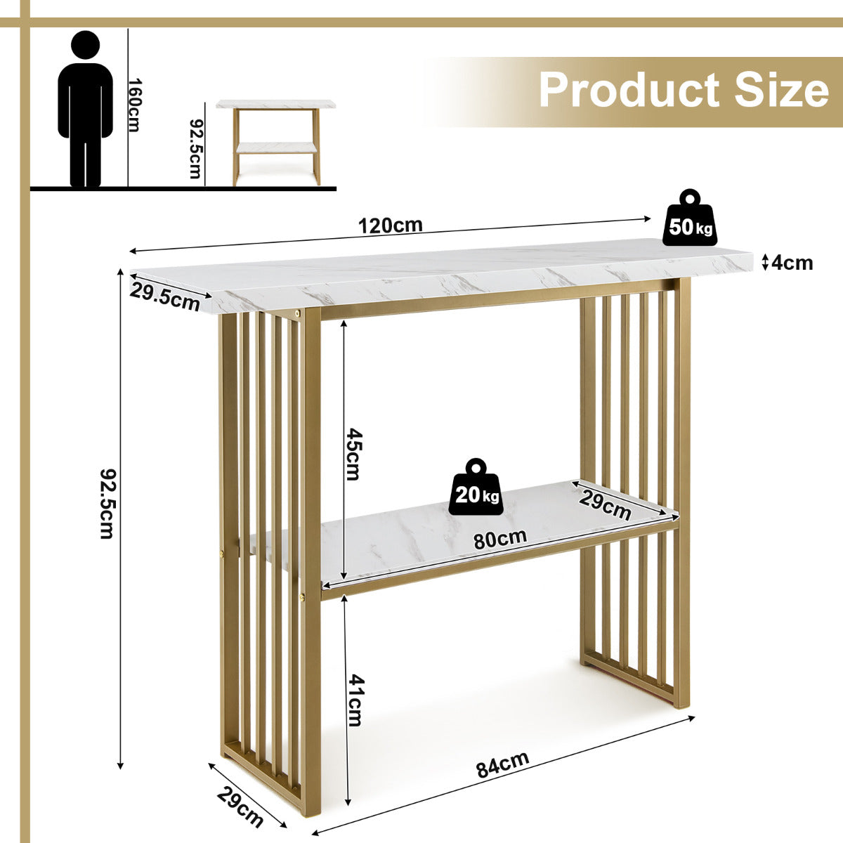LIVSK Console Tafel - Kunstmarmer met Gouden Frame - 2-laags Opslag - Duurzaam MDF - 120 x 29,5 x 92,5 cm - Wit