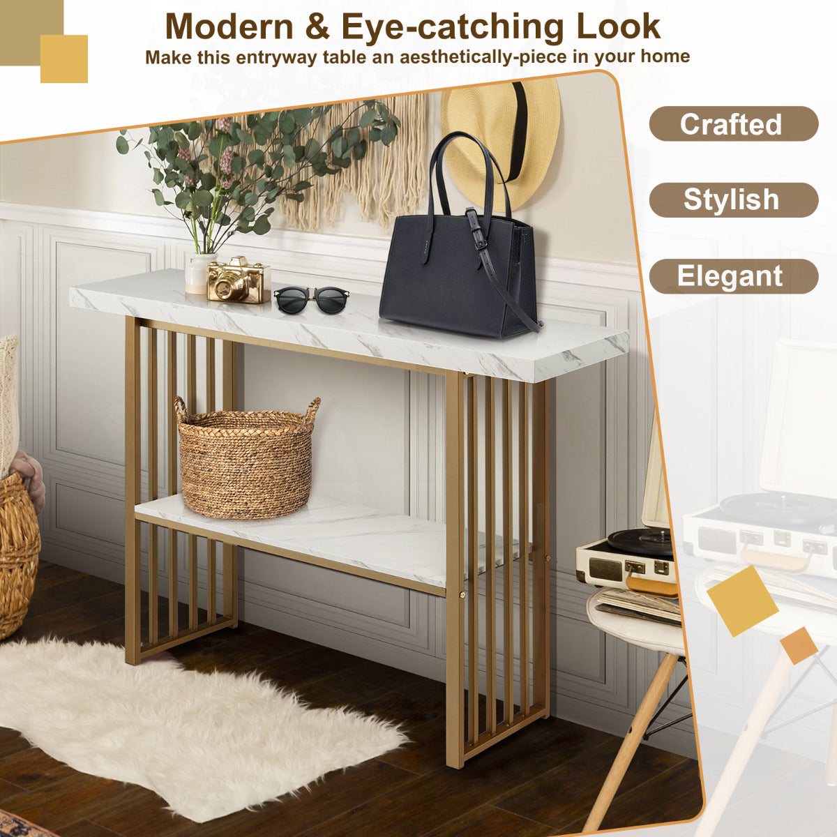 LIVSK Console Tafel - Kunstmarmer met Gouden Frame - 2-laags Opslag - Duurzaam MDF - 120 x 29,5 x 92,5 cm - Wit