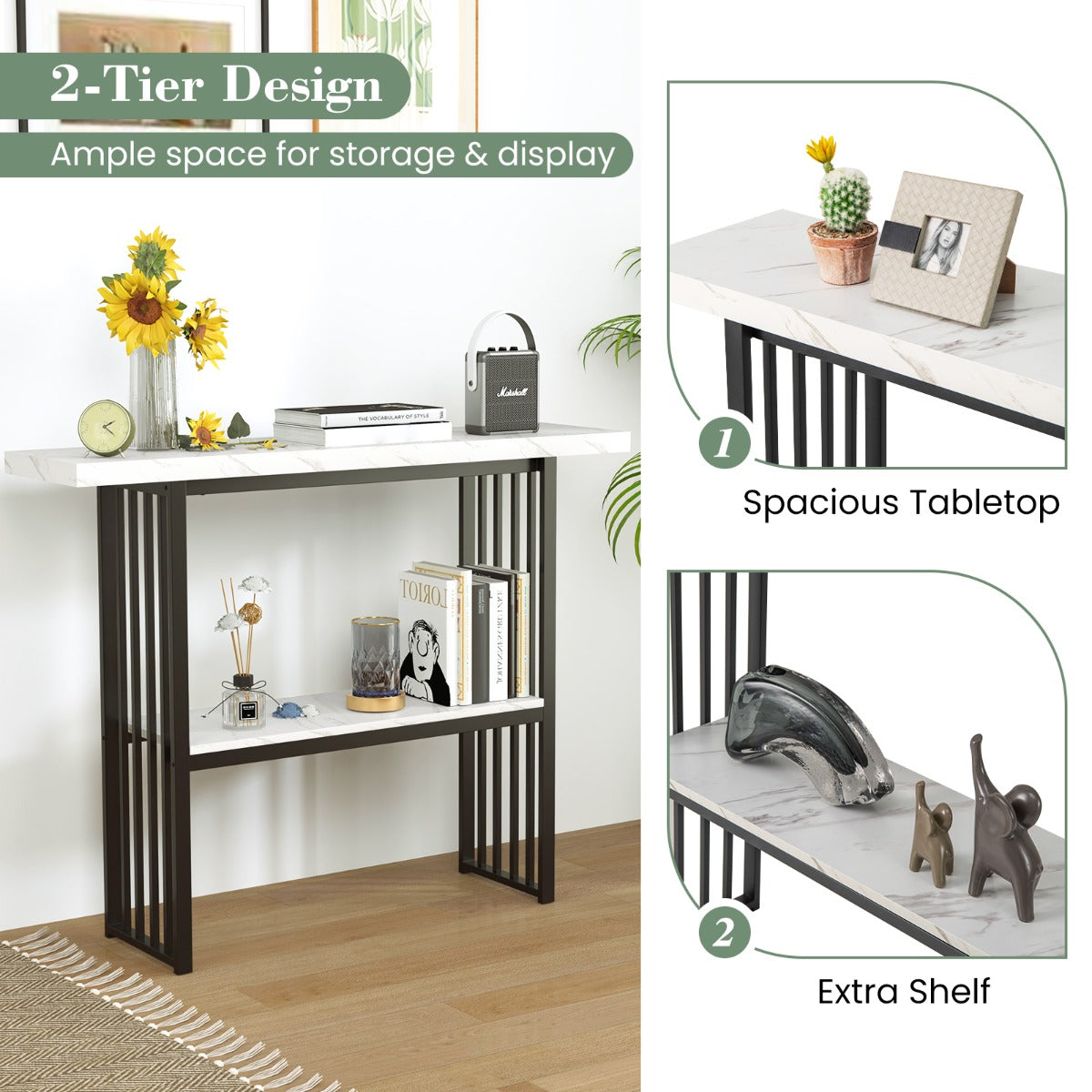 LIVSK Consoletafel met Kunstmarmer - 2-laags Ontwerp - Duurzaam MDF en Staal - Anti-kantelbeveiliging - Zwart + Wit