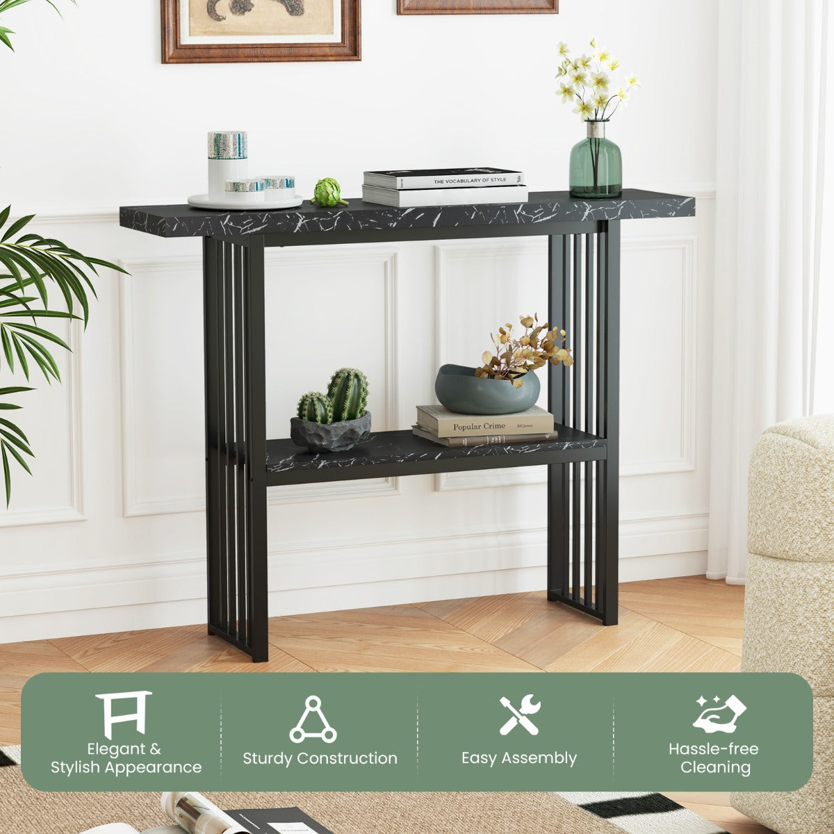 LIVSK Consoletafel - Kunstmarmeren Look - Gouden Metalen Frame - 2 Niveaus - Duurzaam MDF - 120 x 29,5 x 92,5 cm - Zwart