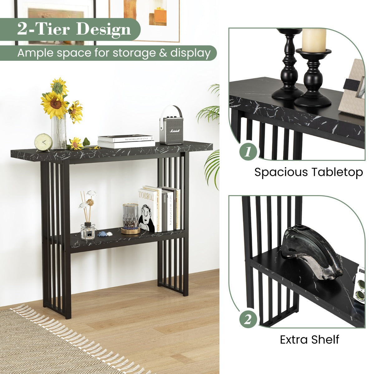LIVSK Consoletafel - Kunstmarmeren Look - Gouden Metalen Frame - 2 Niveaus - Duurzaam MDF - 120 x 29,5 x 92,5 cm - Zwart