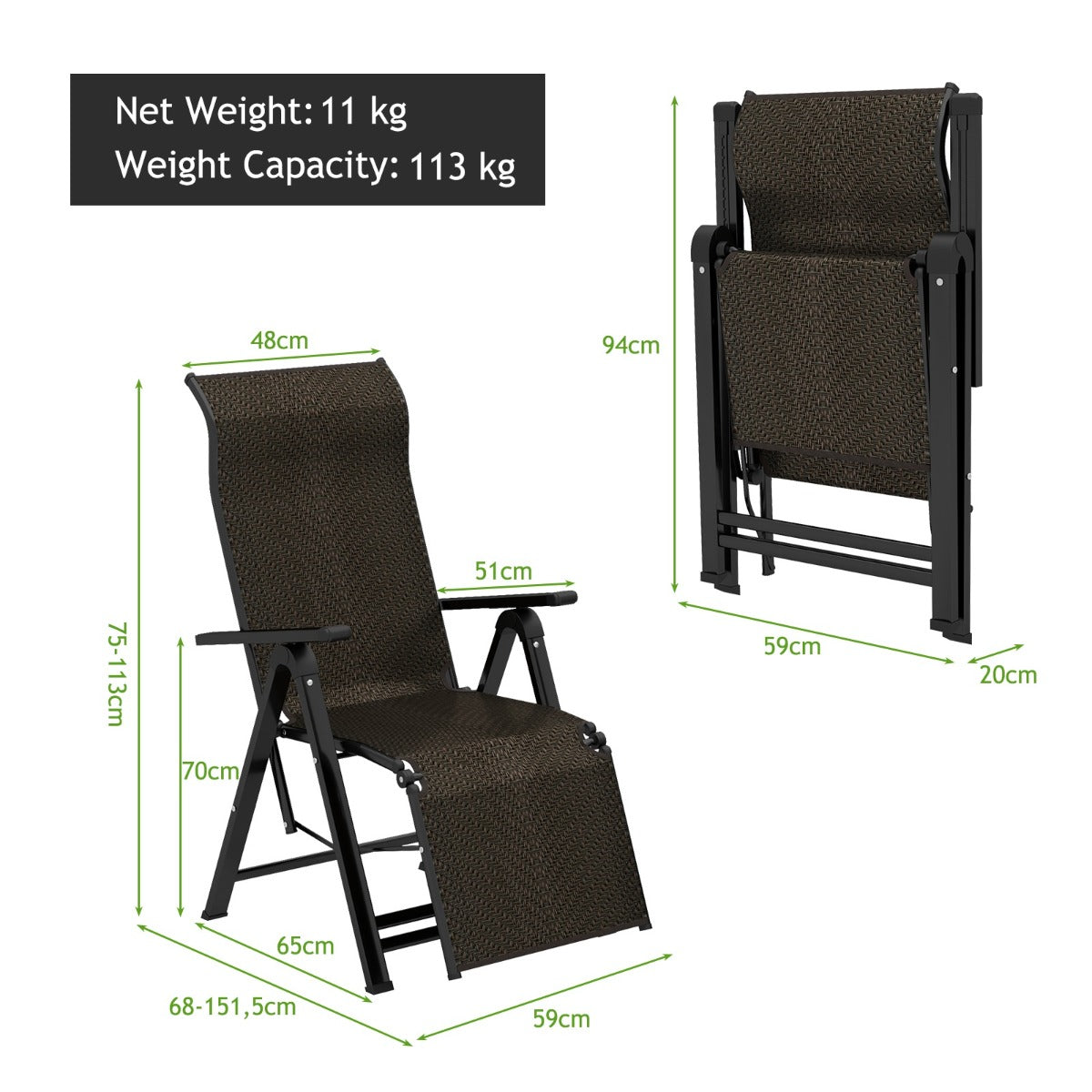 LIVSK Opklapbare Ligstoel - Verstelbare Rugleuning - Duurzaam PE Rotan - Lichtgewicht en Draagbaar - Tot 100 kg - Bruin