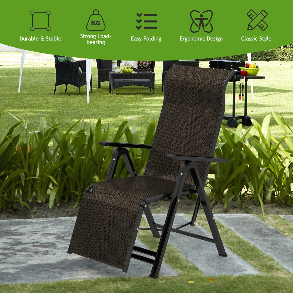 LIVSK Opklapbare Ligstoel - Verstelbare Rugleuning - Duurzaam PE Rotan - Lichtgewicht en Draagbaar - Tot 100 kg - Bruin