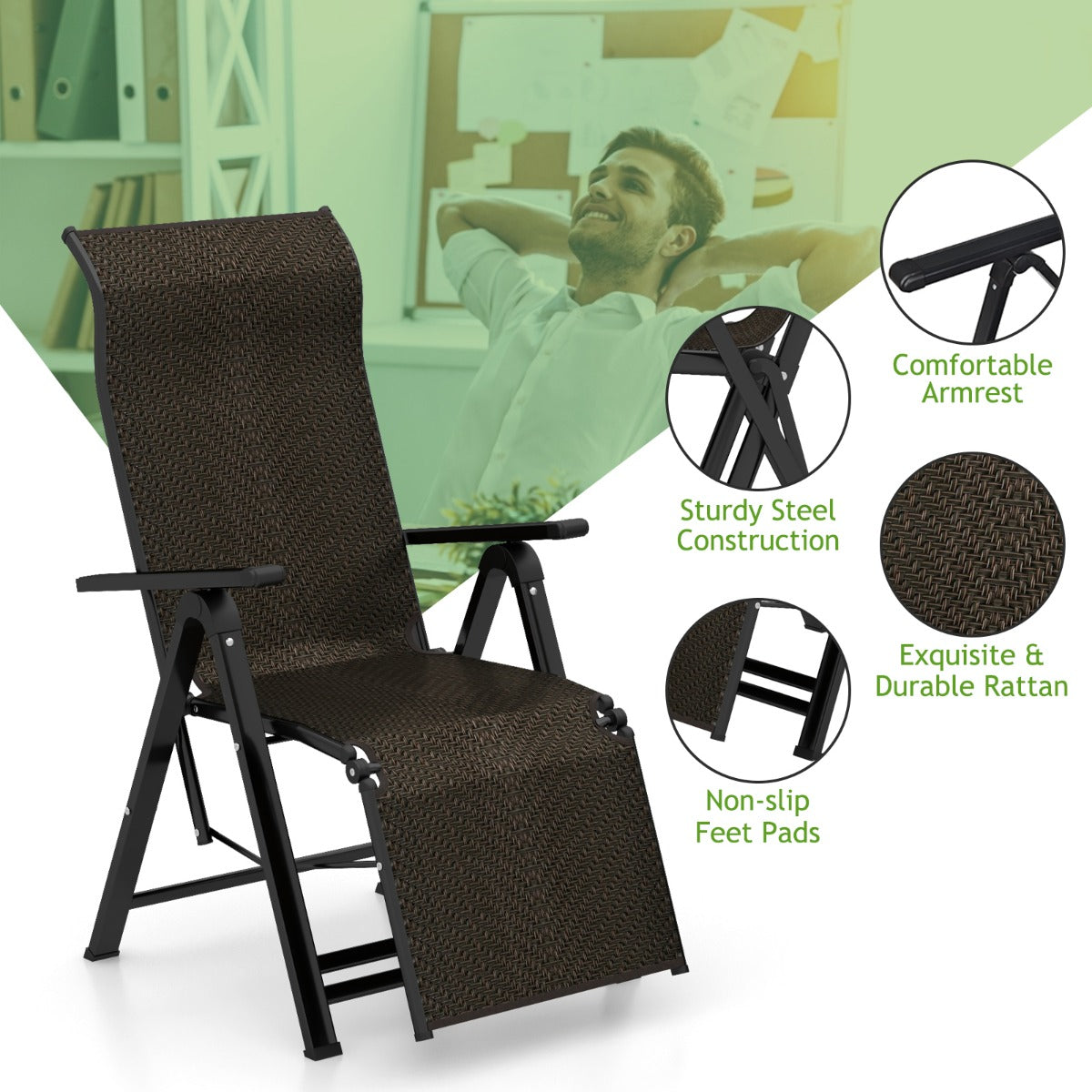 LIVSK Opklapbare Ligstoel - Verstelbare Rugleuning - Duurzaam PE Rotan - Lichtgewicht en Draagbaar - Tot 100 kg - Bruin