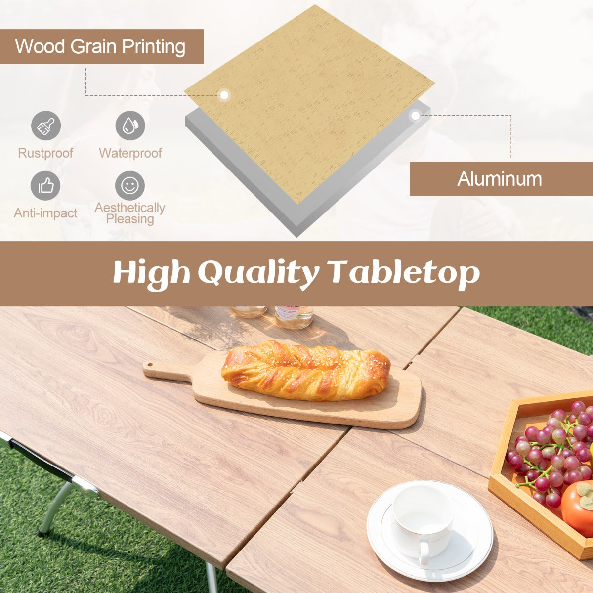 LIVSK Opvouwbare Picknicktafel - Lichtgewicht Aluminium - Houtnerf Tafelblad - Eenvoudig te Transporteren - Koffie + Zilver