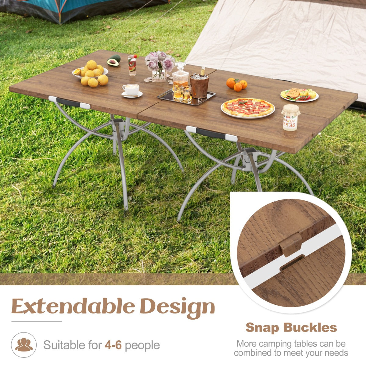 LIVSK Opvouwbare Picknicktafel - Lichtgewicht Aluminium - Houtnerf Tafelblad - Eenvoudig te Transporteren - Koffie + Zilver