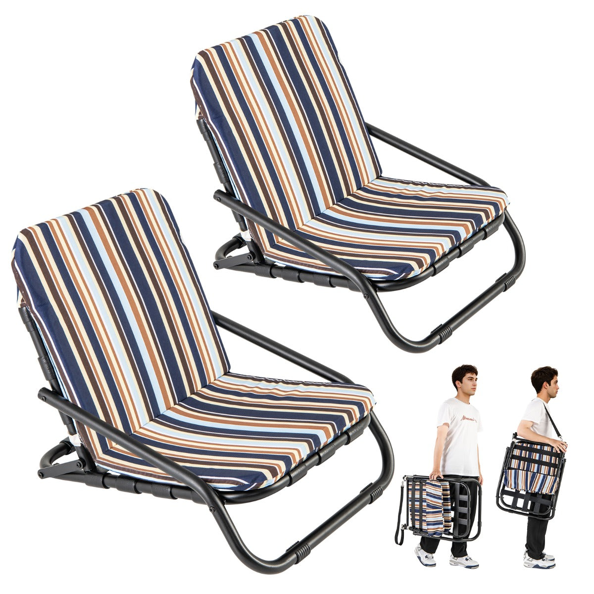 LIVSK Opvouwbare Strandstoelen 2-Pack - Sneldrogend Katoen - Lichtgewicht Aluminium - Comfortabele Kussens - Blauwe Strepen