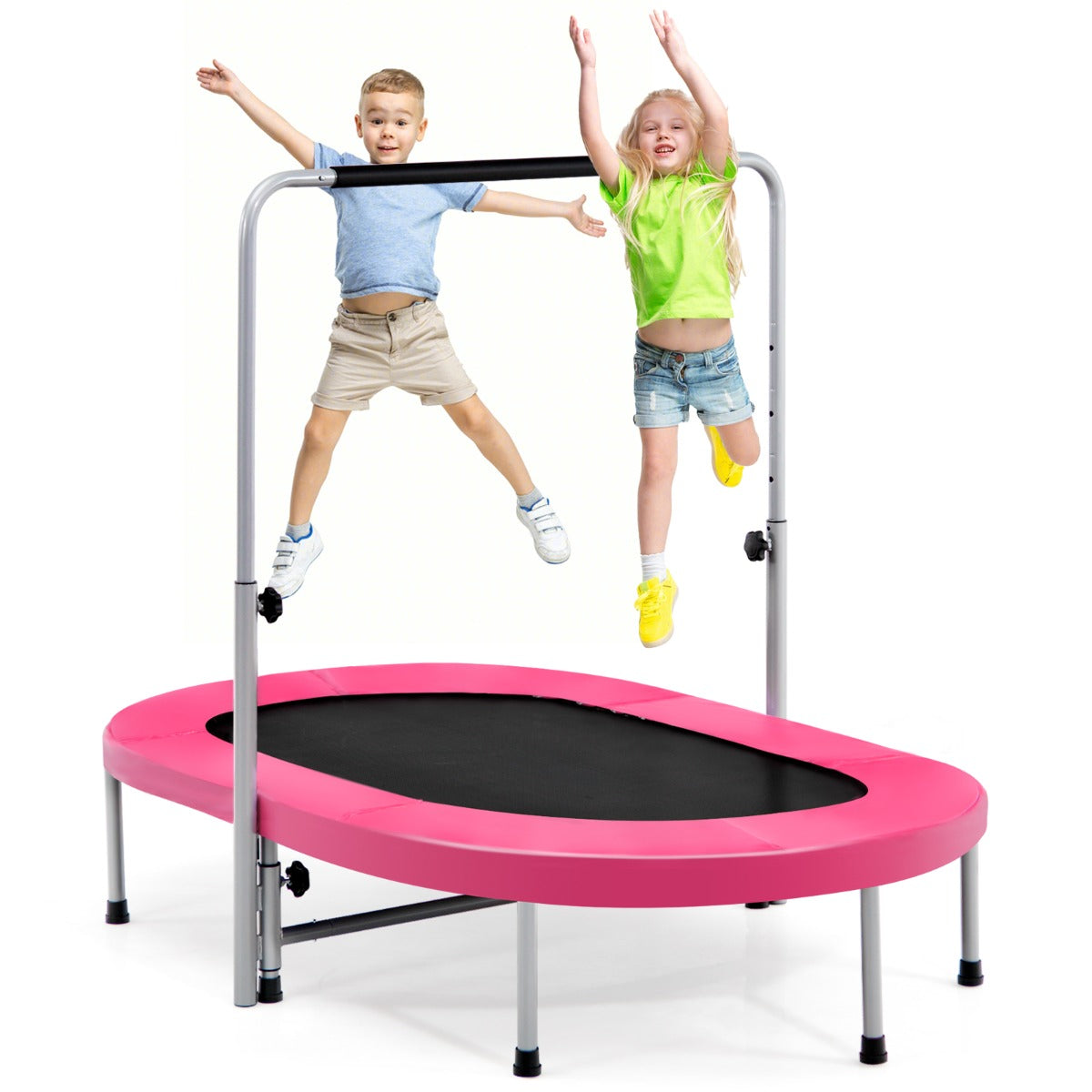 LIVSK Ovale Trampoline voor 2 Personen - Draagvermogen 150 kg - In hoogte verstelbare handgreep 92-132 cm - Duurzaam - Roze