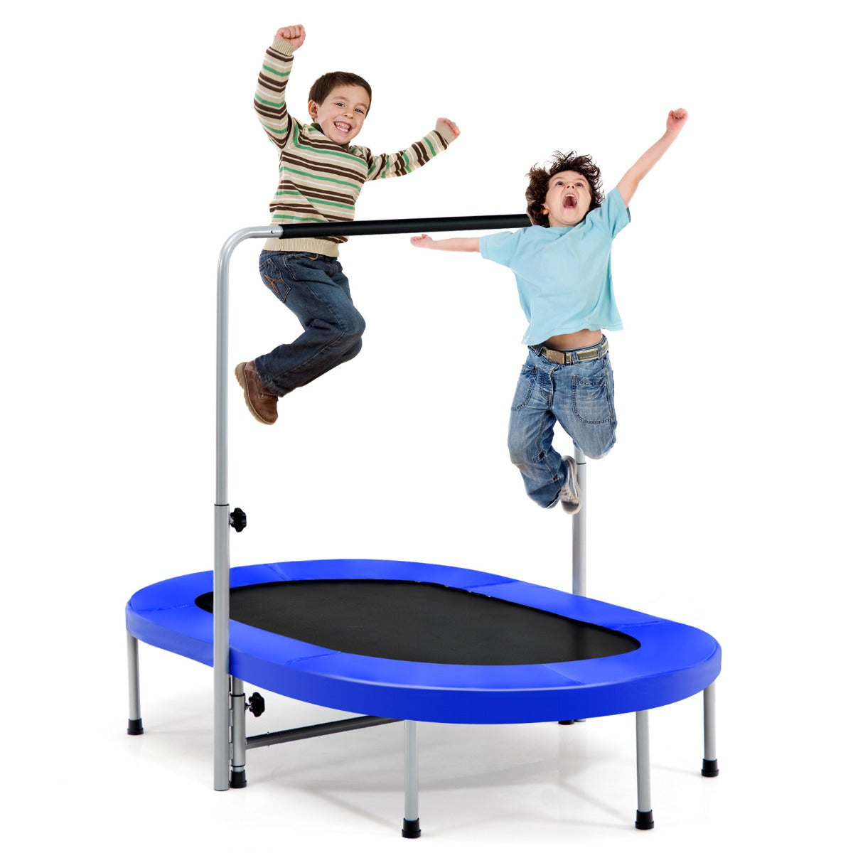 LIVSK Ovale Dubbele Trampoline - 150 kg Capaciteit - 32 Sterke Veren - Verstelbaar Handvat - 154 x 89 x 92-132 cm - Blauw