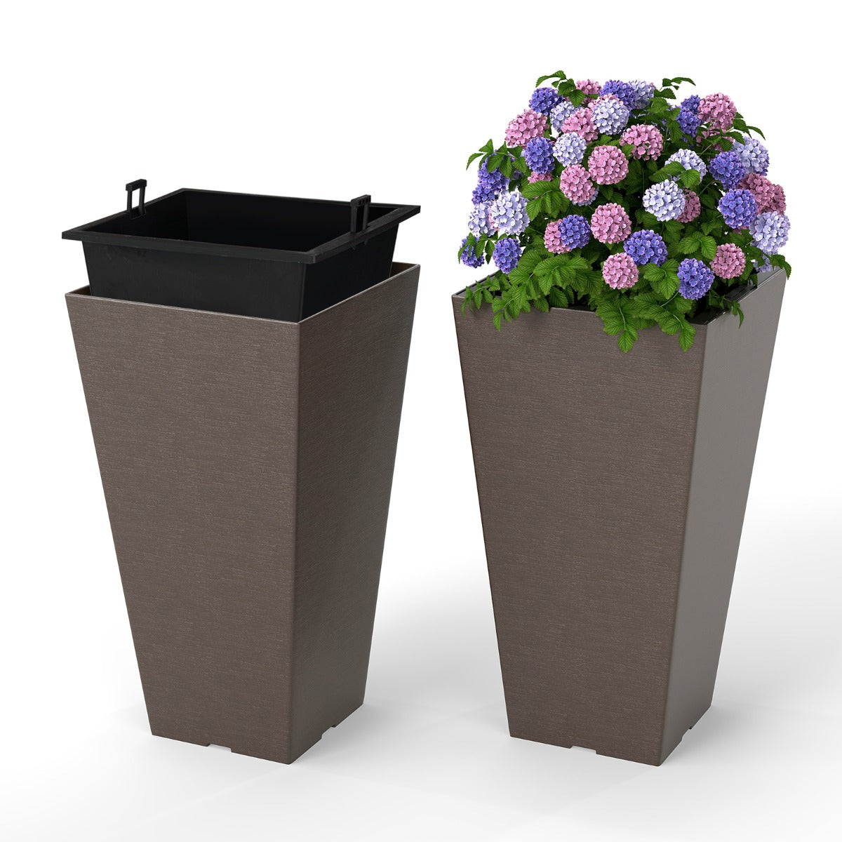 LIVSK 2-delige Set Zelfbewaterende Bloempotten - Uitneembare Binnenemmer - 100/64 Drainagegaten - Weerbestendig PP - Bruin