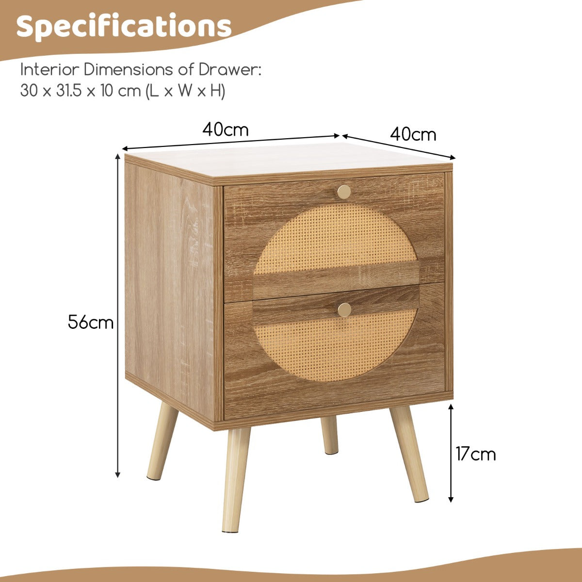 LIVSK Nachtkastjes Set van 2 - Geometrisch Patroon - 2 Ruime Lades - Massief Grenenhout - 40 x 40 x 56 cm - Natuurlijk