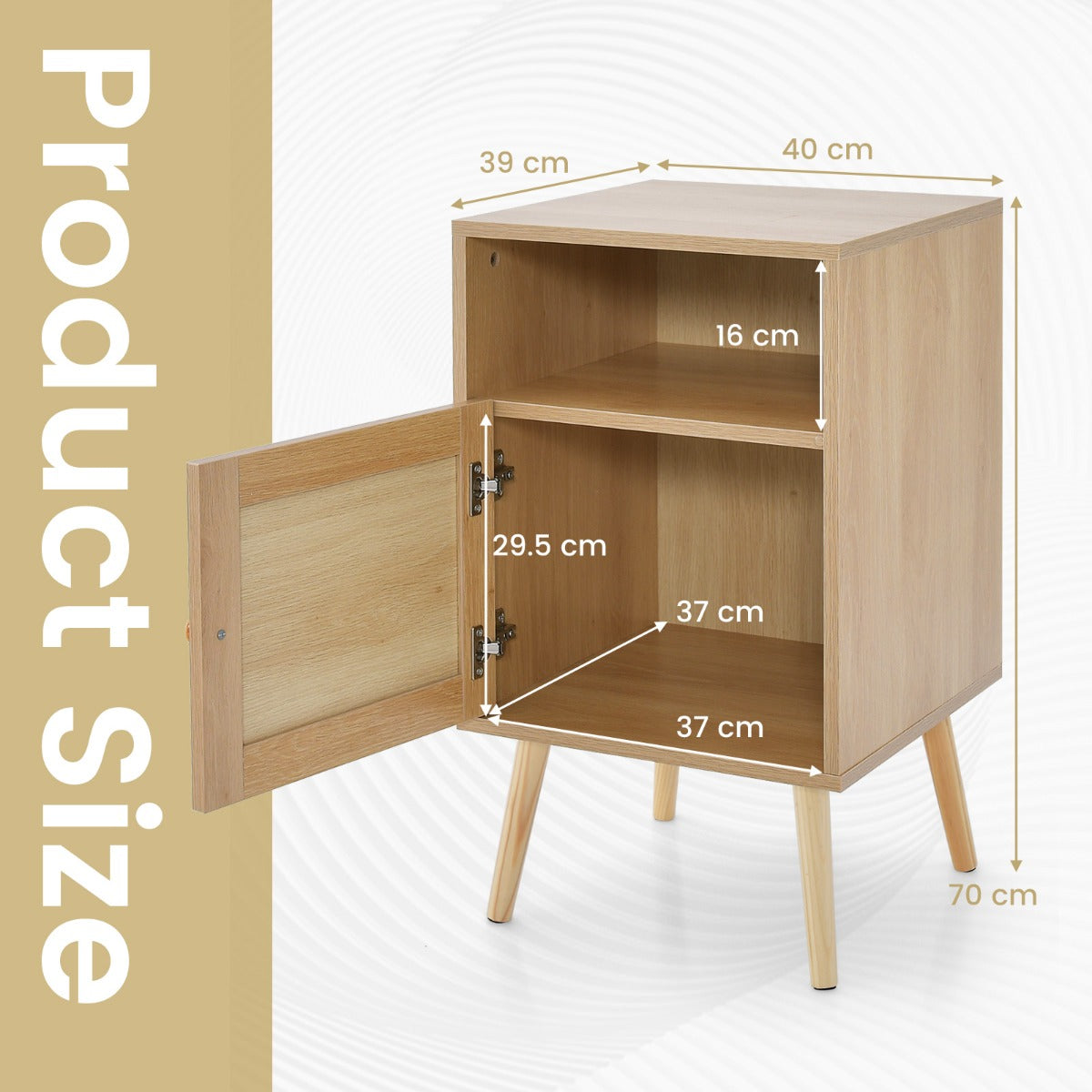LIVSK Rotan Nachtkastje met Oplaadstation - 3 Niveaus Opbergruimte - Elegante Rotan Deur - Antikantelbeveiliging - 40 x 39 x 70