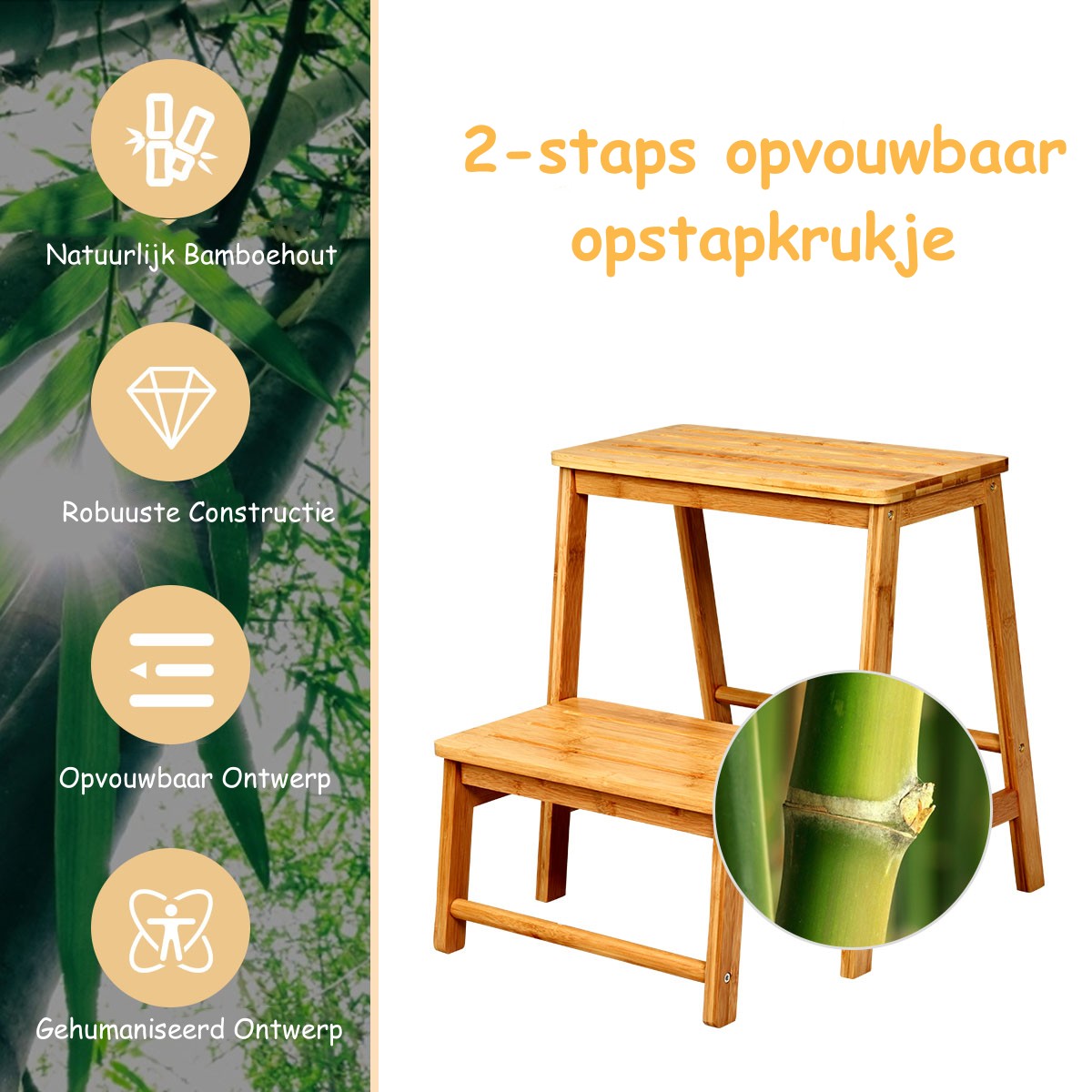 LIVSK Opstapkruk met 2 Treden - Milieuvriendelijk Bamboe - Draagvermogen tot 100 kg - Lichtgewicht en Praktisch - Natuurlijke