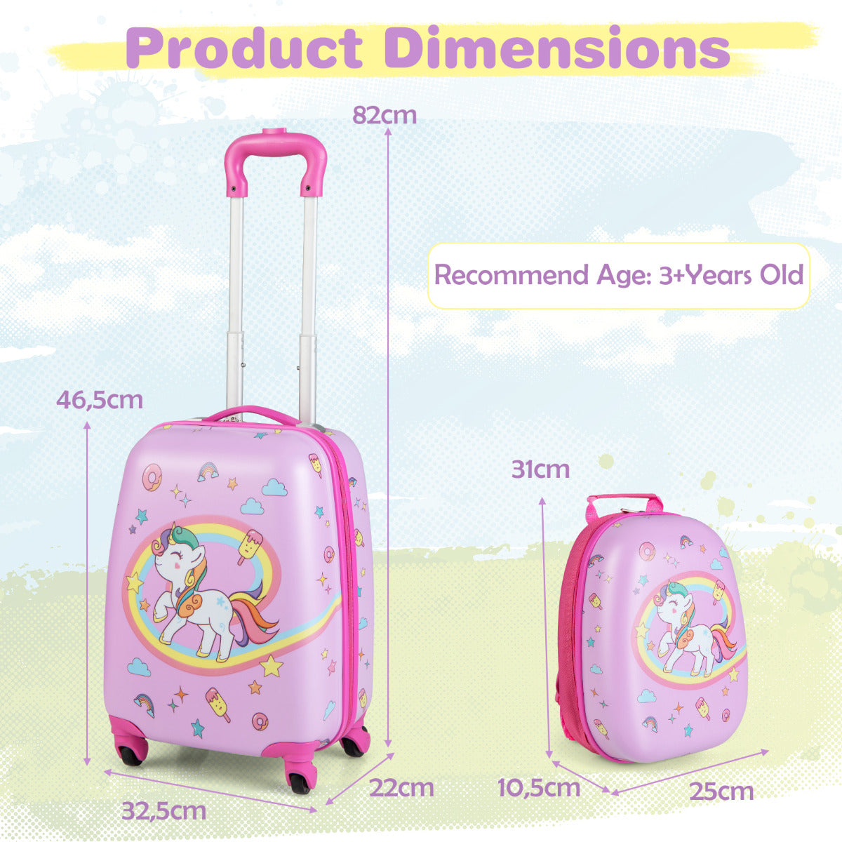 LIVSK Kindertrolley Bagageset - Hard-shell Koffer en Rugzak - Waterdicht - Ergonomisch - 360° Zwenkwielen - Zoals afgebeeld