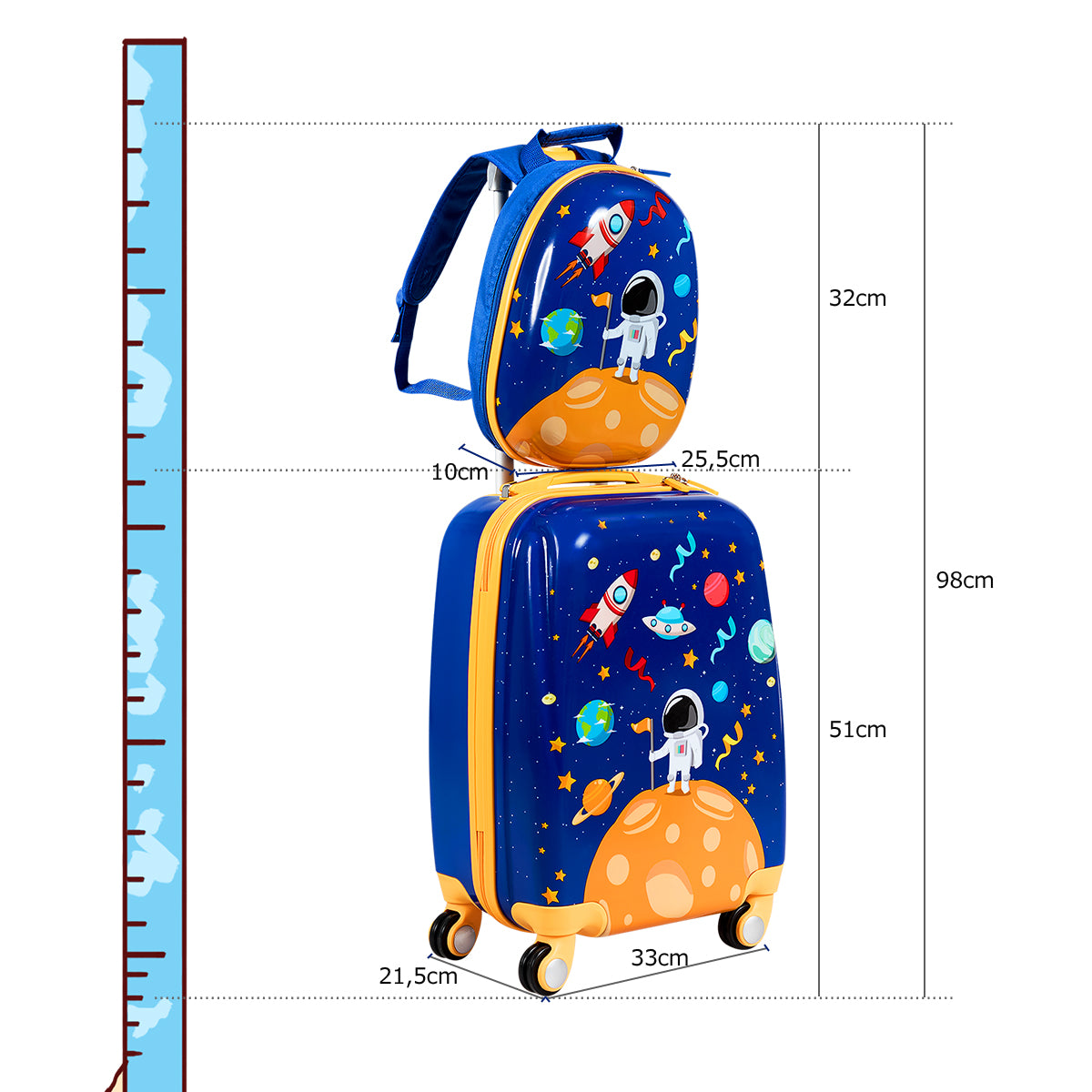 LIVSK Kinder Bagageset - Astronauten Motief - Lichtgewicht - Verstelbare Handgreep - Waterdicht - 51 x 33 x 21,5 cm - Marineblauw