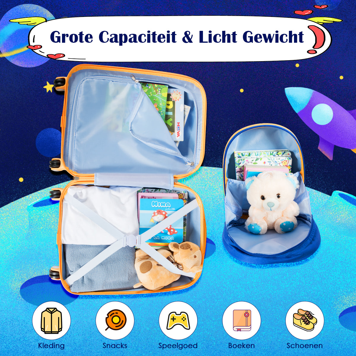 LIVSK Kinder Bagageset - Astronauten Motief - Lichtgewicht - Verstelbare Handgreep - Waterdicht - 51 x 33 x 21,5 cm - Marineblauw