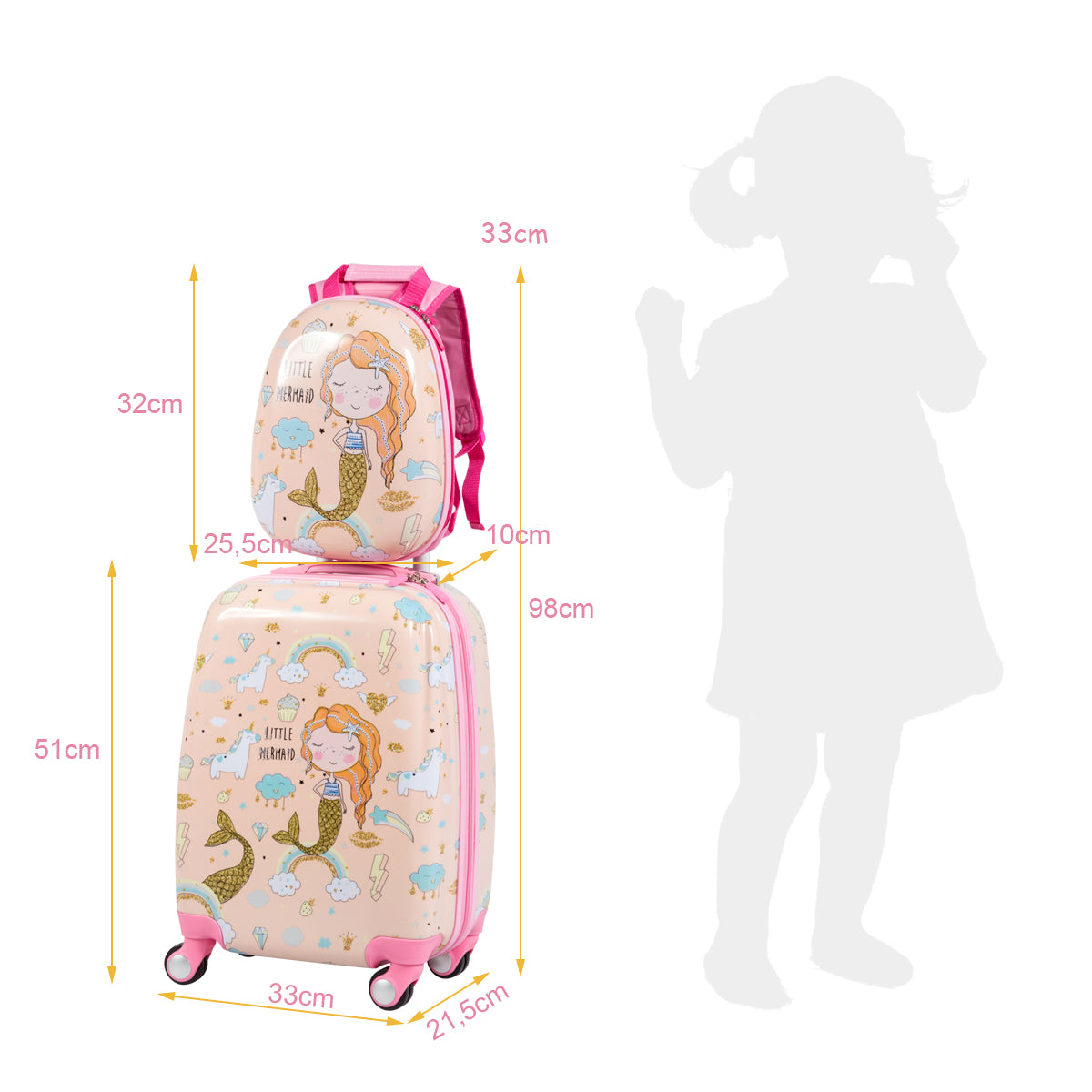LIVSK Kinder Bagageset - Zeemeermin/Astronauten Patroon - Lichtgewicht - Verstelbare Handgreep - Waterdicht - Roze