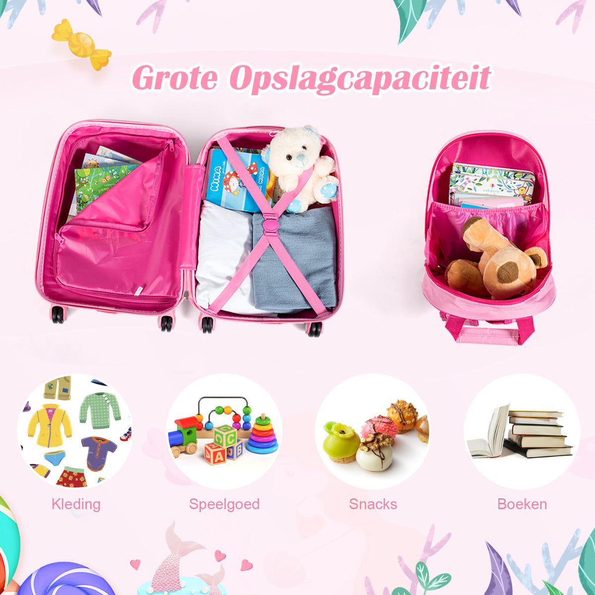 LIVSK Kinder Bagageset - Zeemeermin/Astronauten Patroon - Lichtgewicht - Verstelbare Handgreep - Waterdicht - Roze