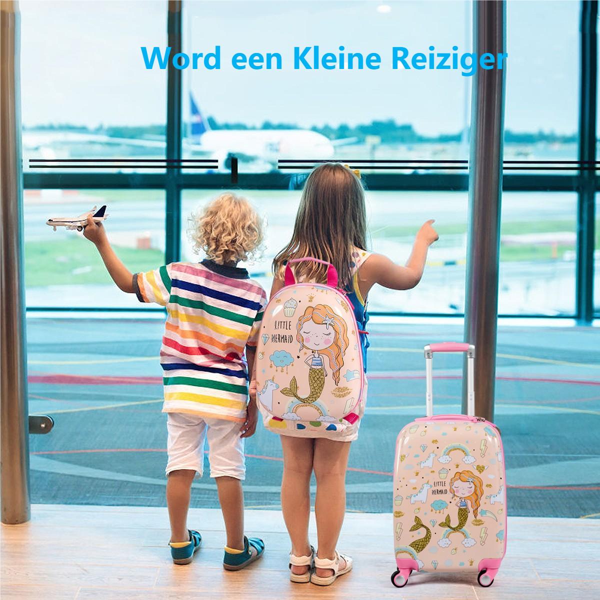 LIVSK Kinder Bagageset - Zeemeermin/Astronauten Patroon - Lichtgewicht - Verstelbare Handgreep - Waterdicht - Roze