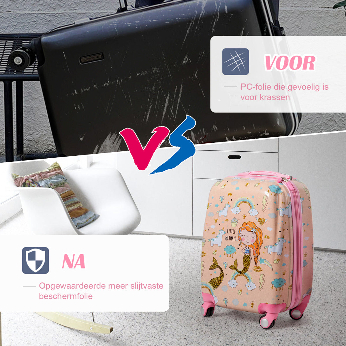 LIVSK Kinder Bagageset - Zeemeermin/Astronauten Patroon - Lichtgewicht - Verstelbare Handgreep - Waterdicht - Roze
